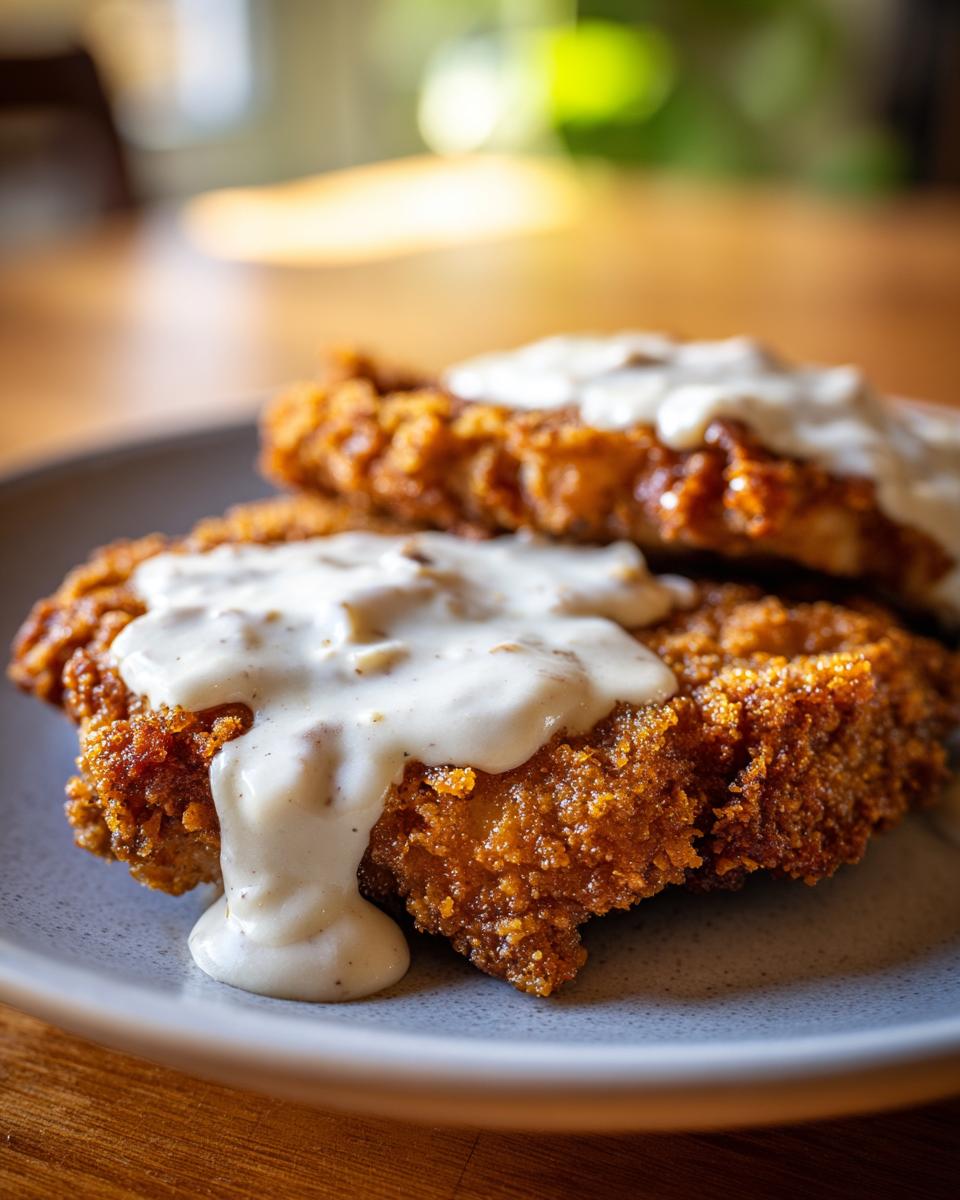 Close-up of two pieces of crispy Chicken Fried Steak smothered in creamy white gravy.