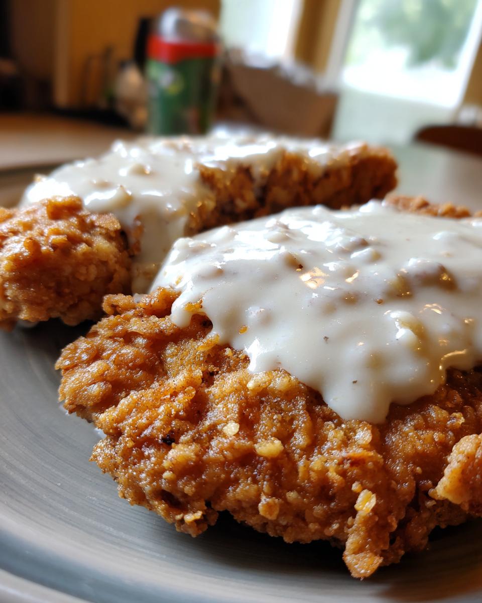 Close-up of two pieces of crispy chicken fried steak smothered in creamy white gravy.