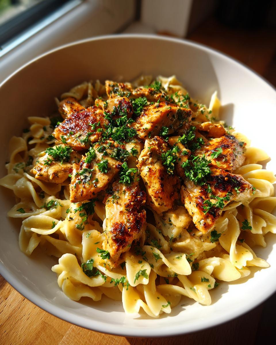 A close-up of a bowl of Chicken Garlic Parmesan Pasta topped with grilled chicken pieces and fresh parsley.