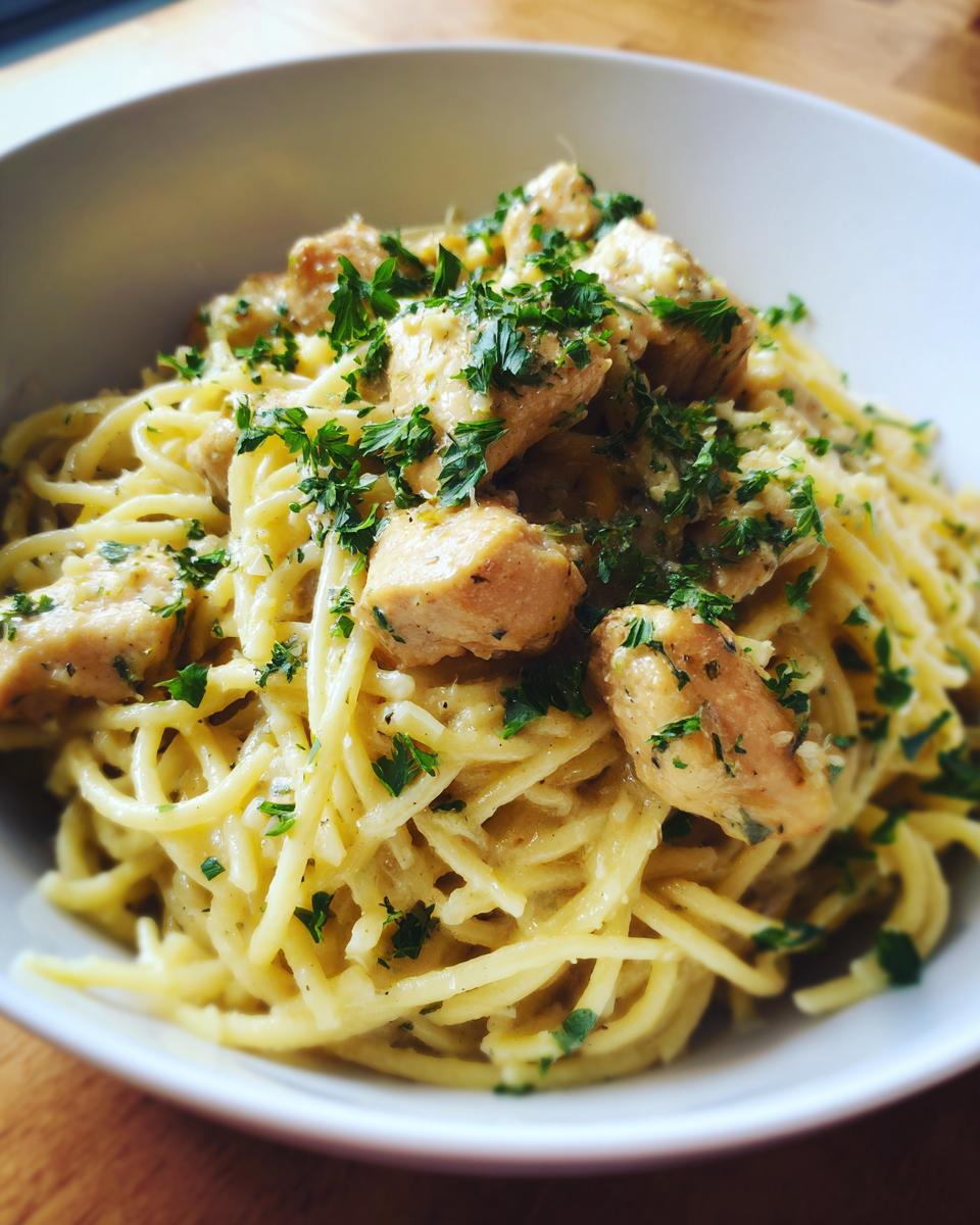 A close-up of a bowl of Chicken Garlic Parmesan Pasta, topped with fresh parsley.