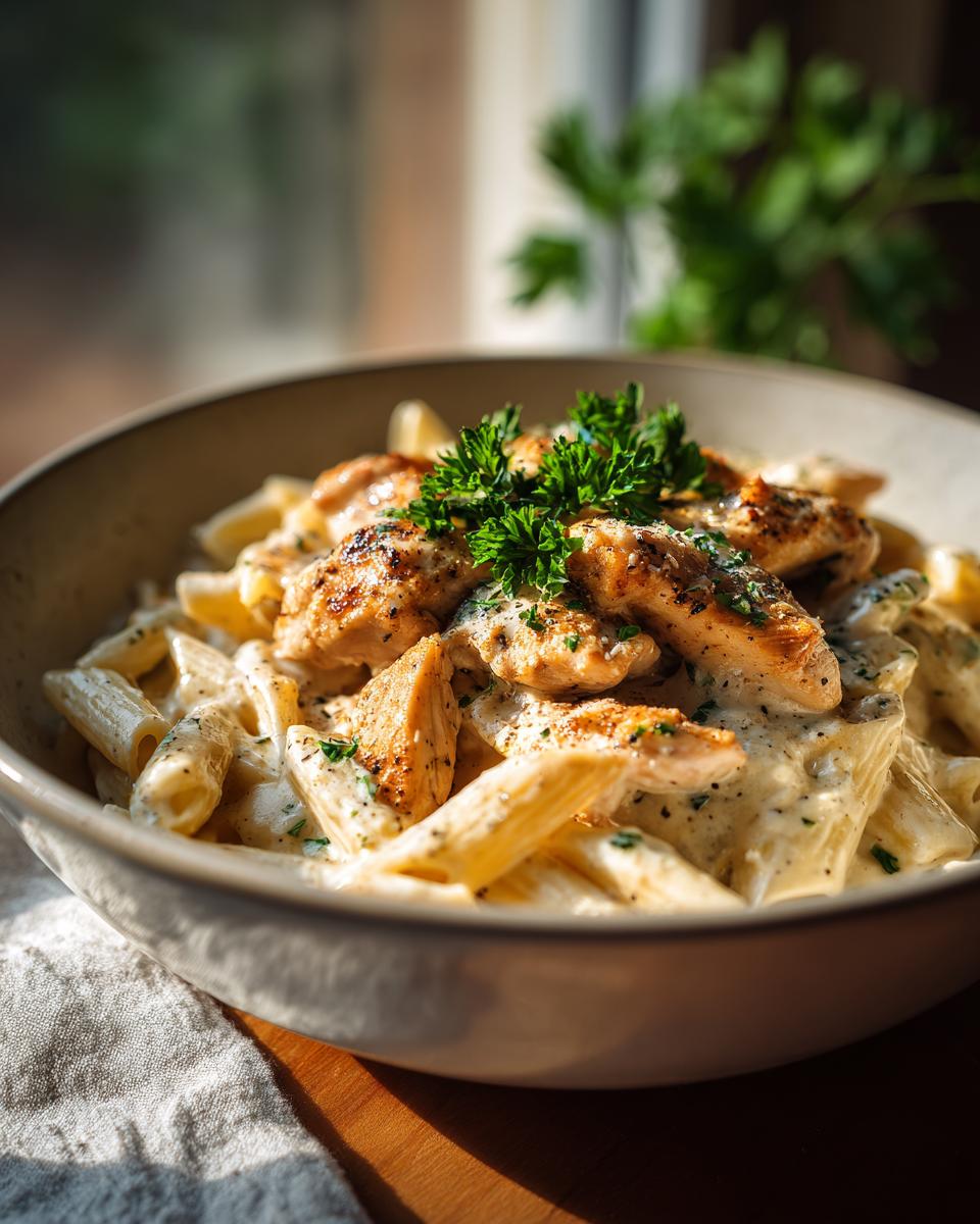 A close-up of creamy Chicken Garlic Parmesan Pasta topped with grilled chicken pieces and fresh parsley.