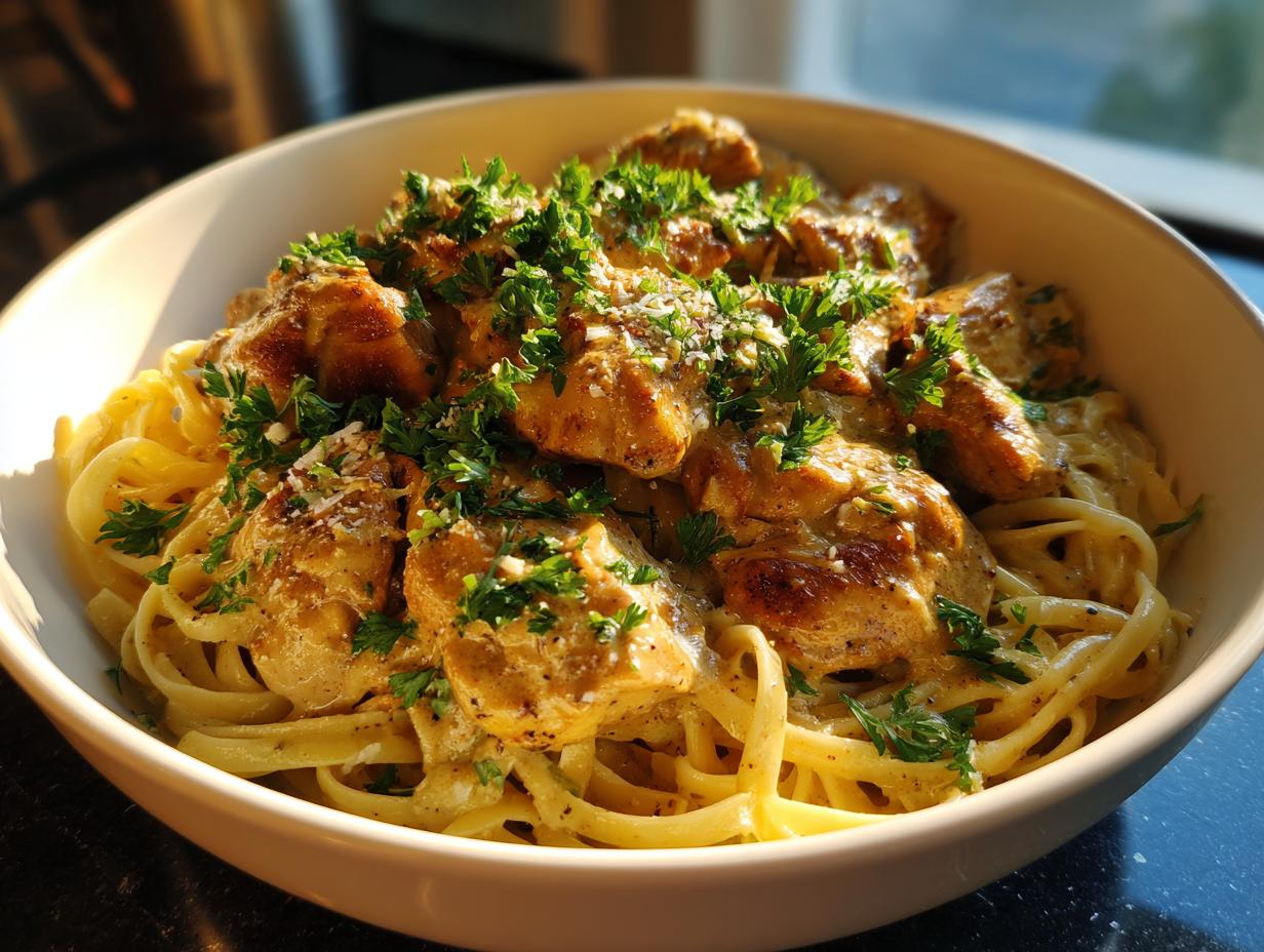 A close-up of a bowl of Chicken Garlic Parmesan Pasta, featuring fettuccine noodles topped with creamy sauce and tender chicken pieces, garnished with parsley.