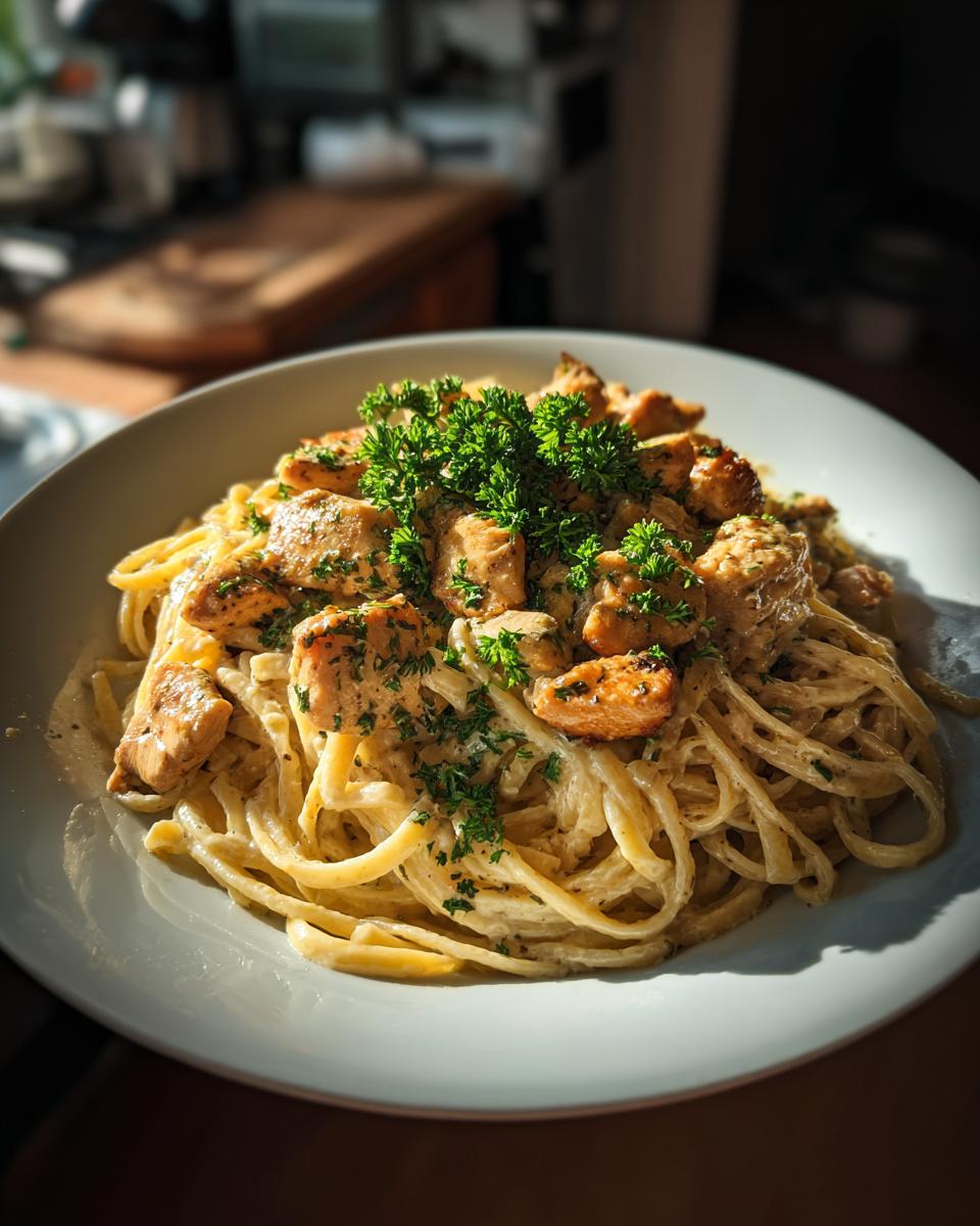 A close-up of creamy Chicken Garlic Parmesan Pasta topped with fresh parsley.