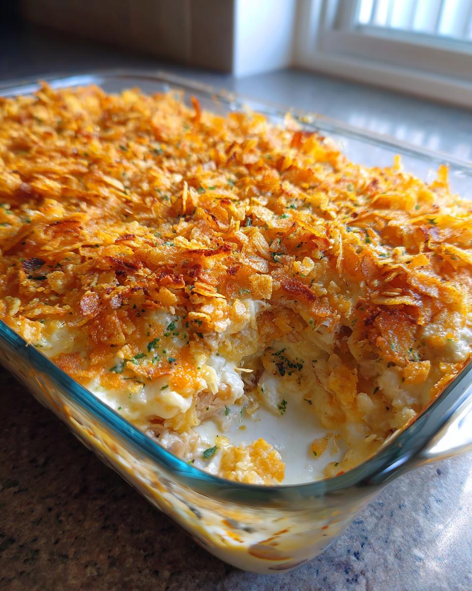 A close-up of a freshly baked chicken hashbrown casserole in a glass dish, topped with crispy fried onions and parsley.