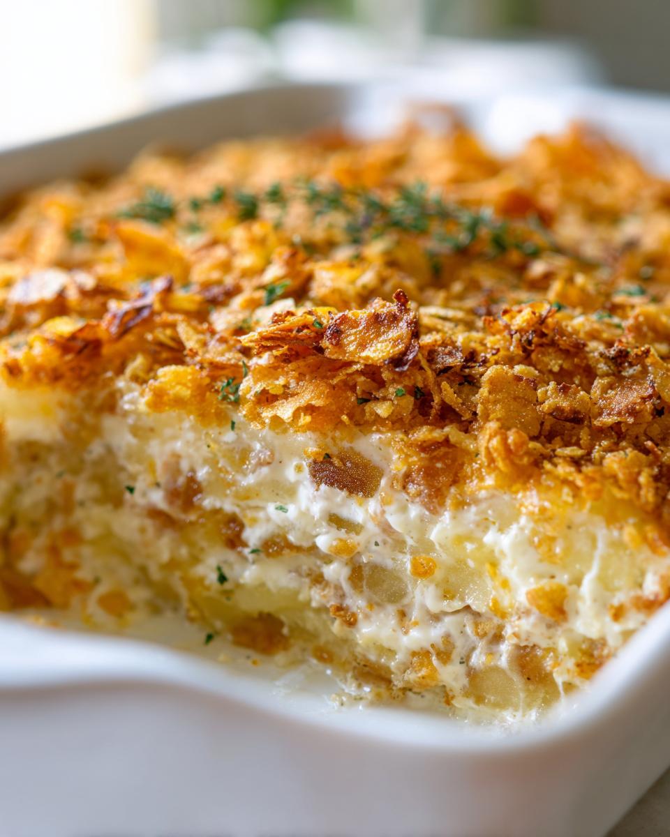 Close-up of a creamy chicken hashbrown casserole in a white baking dish, topped with crispy fried onions and parsley.