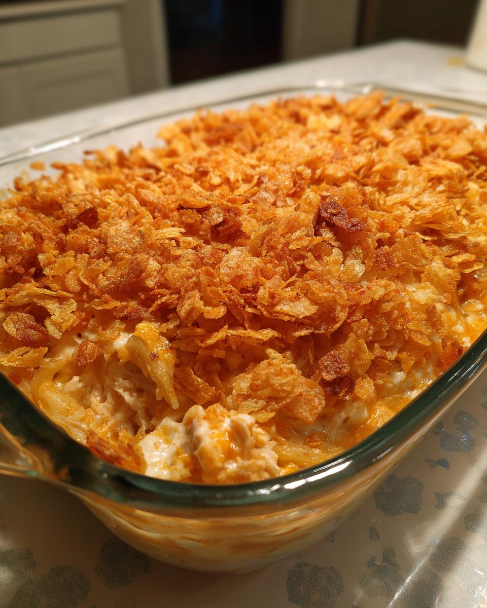 Close-up of a bubbly chicken hashbrown casserole with a golden, crispy topping in a glass baking dish.