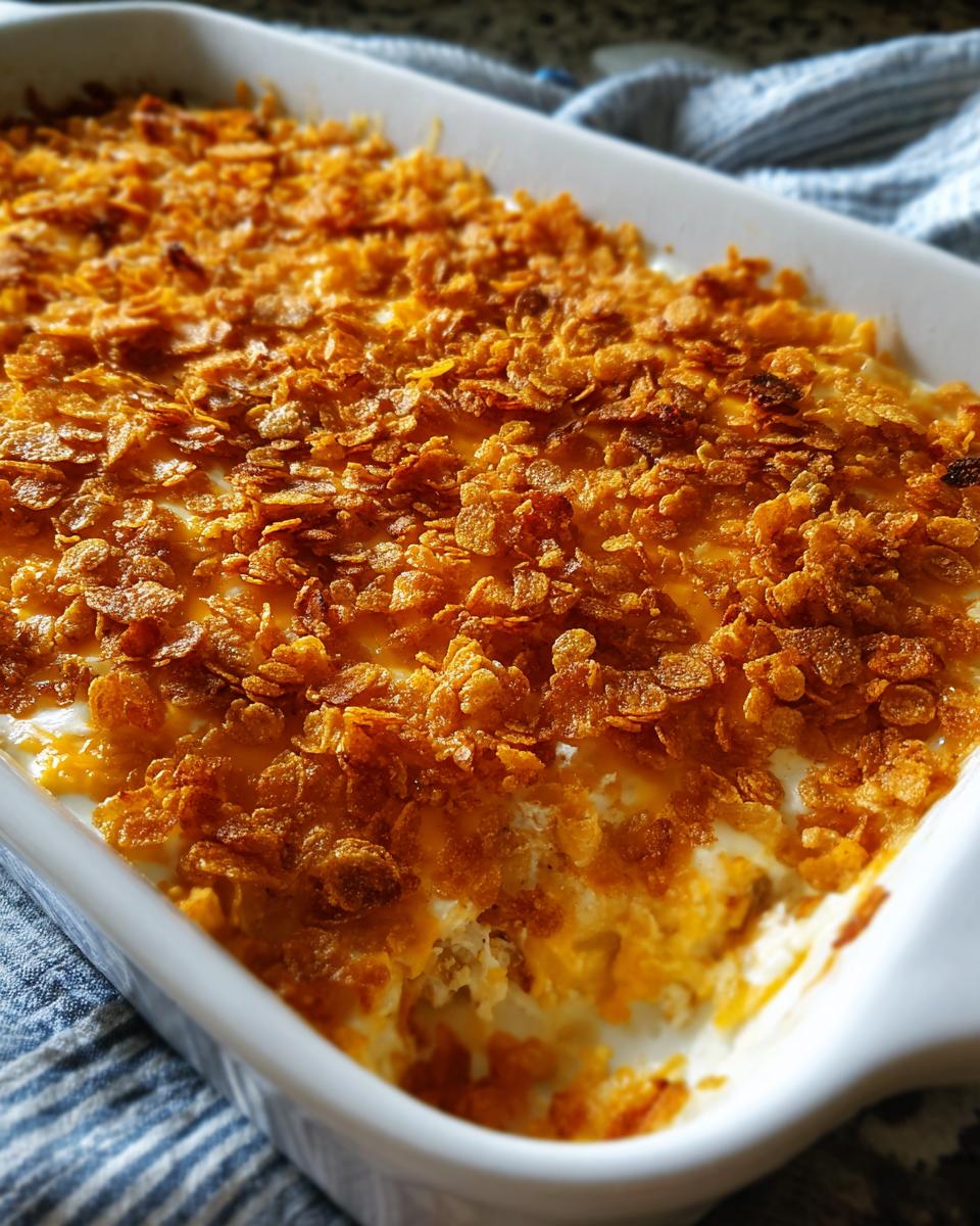 A close-up of a freshly baked Chicken Hashbrown Casserole in a white baking dish, topped with melted cheese and crunchy cornflakes.