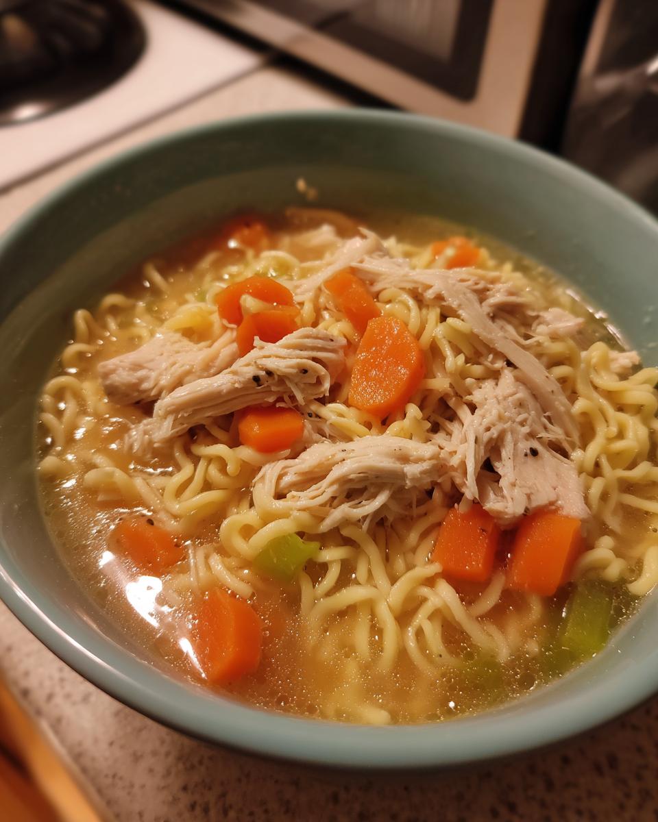 A close-up of a bowl of delicious chicken noodle soup, featuring shredded chicken, noodles, and carrots.