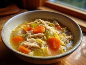 A close-up of a bowl filled with delicious chicken noodle soup, featuring shredded chicken, wide noodles, carrots, and celery in broth.