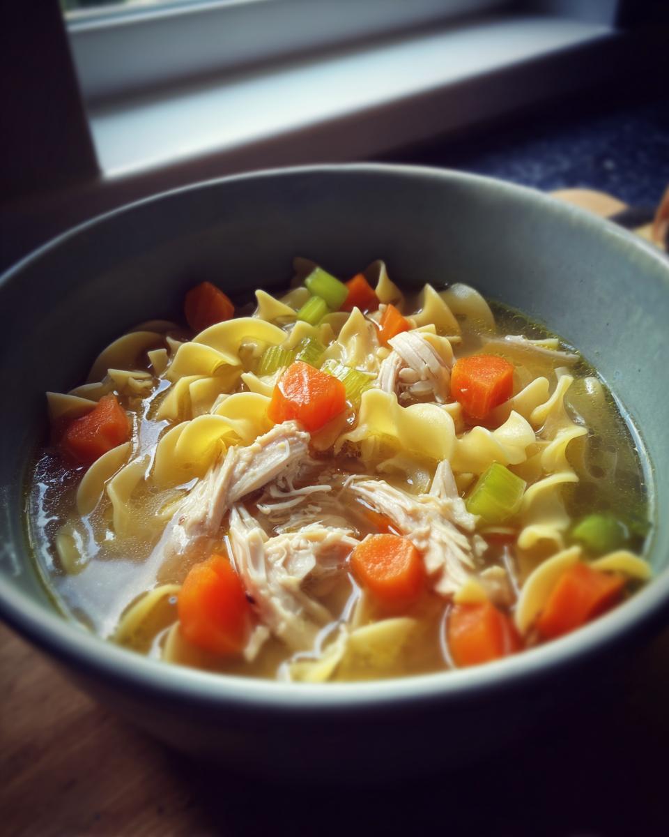 A close-up of a bowl of delicious chicken noodle soup, filled with noodles, shredded chicken, carrots, and celery.