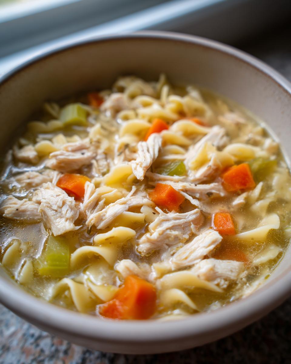 A close-up of a steaming bowl of homemade chicken noodle soup, filled with shredded chicken, egg noodles, carrots, and celery.