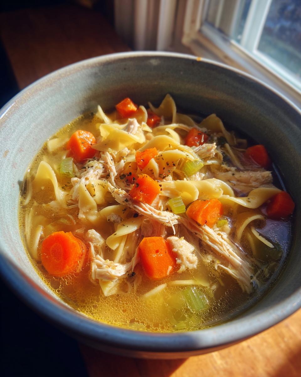 A close-up of a steaming bowl of homemade chicken noodle soup with egg noodles, shredded chicken, carrots, and celery.