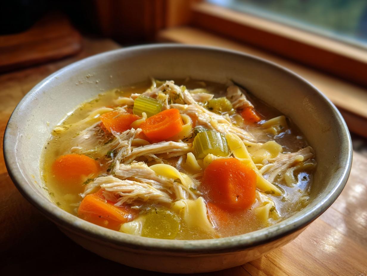 A close-up of a bowl filled with delicious chicken noodle soup, featuring shredded chicken, wide noodles, carrots, and celery in broth.