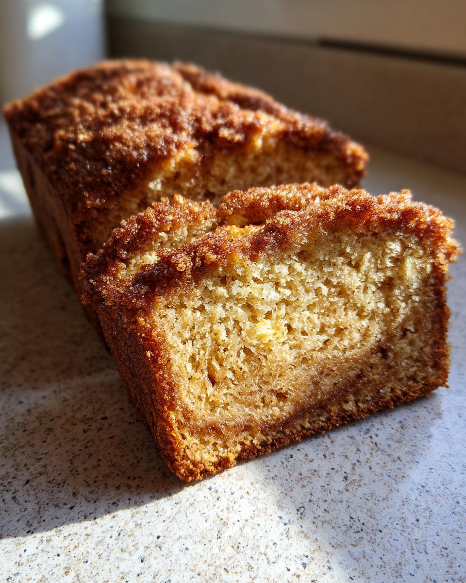 A close-up of a slice of cinnamon crunch banana bread, showcasing its moist crumb and crunchy topping.