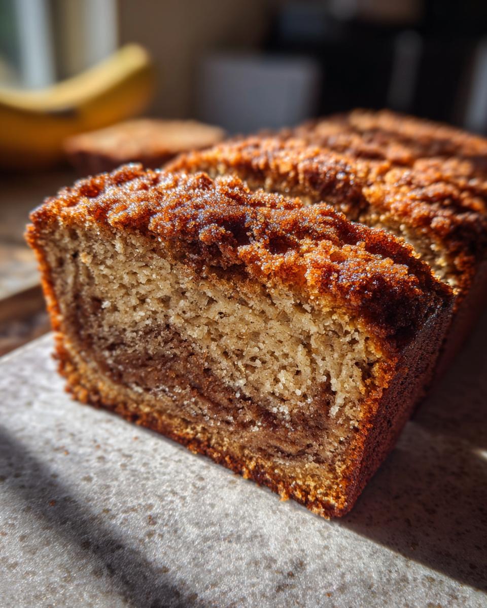 Close-up of a slice of Cinnamon Crunch Banana Bread showing the swirled cinnamon filling and crunchy topping.