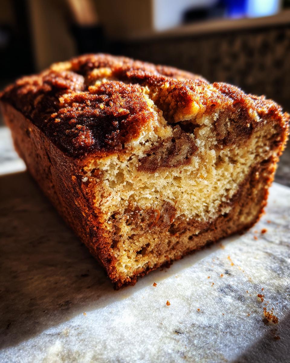 A close-up of a slice of cinnamon crunch banana bread, showing the moist interior and crunchy topping.
