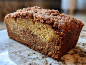 A close-up view of a slice of cinnamon crunch banana bread on a speckled surface.