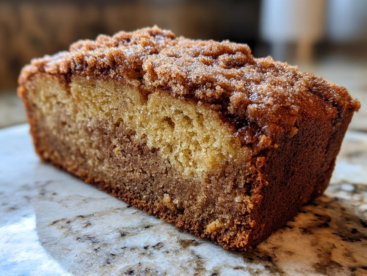 A close-up view of a slice of cinnamon crunch banana bread on a speckled surface.