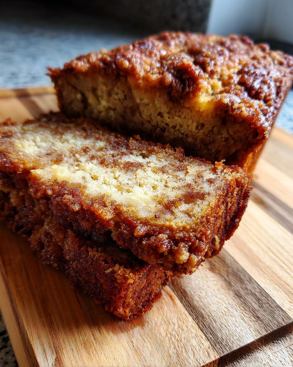 Close-up of two slices of delicious Cinnamon Crunch Banana Bread on a wooden cutting board.