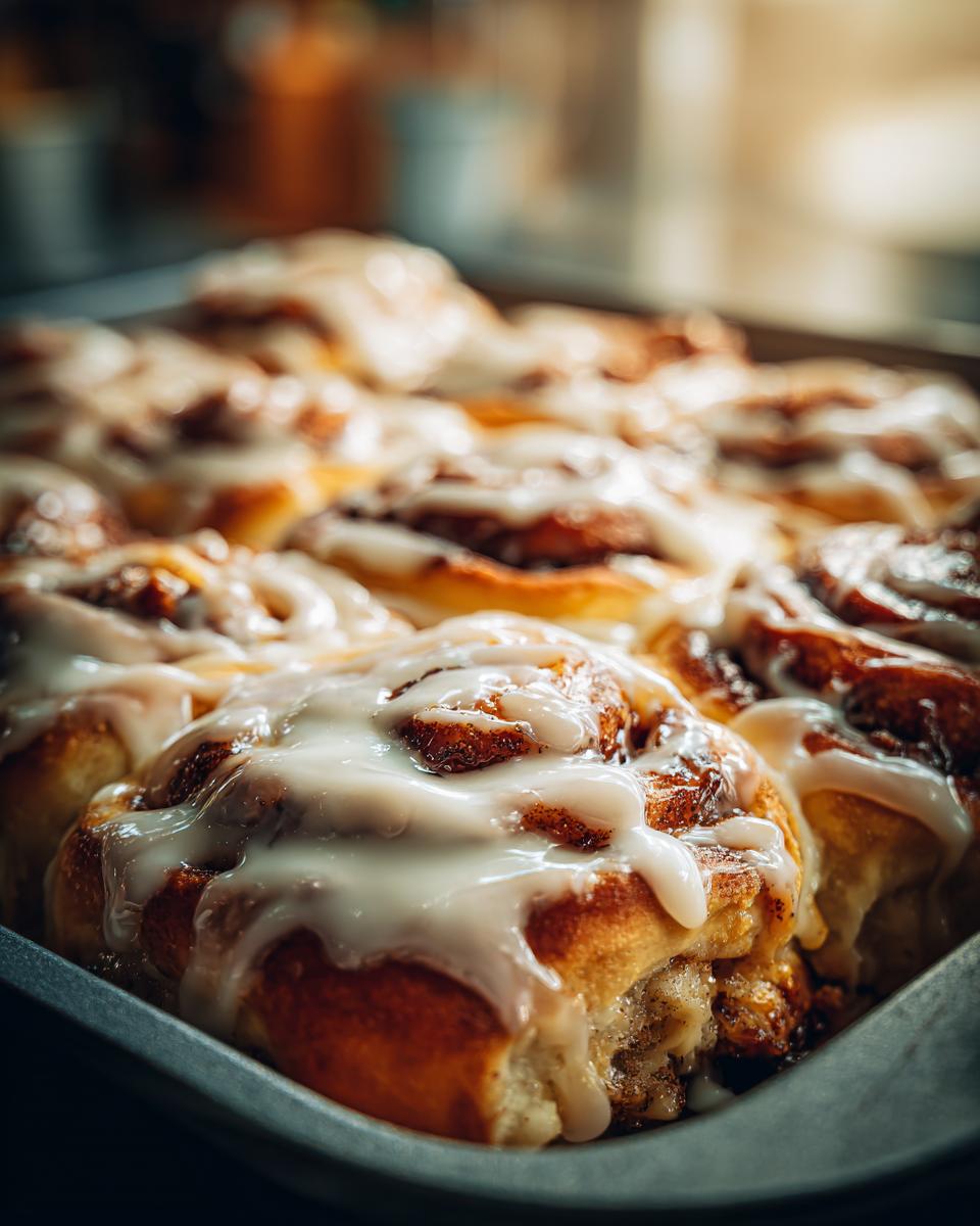 Close-up of warm, gooey cinnamon rolls generously topped with a creamy cream cheese glaze.