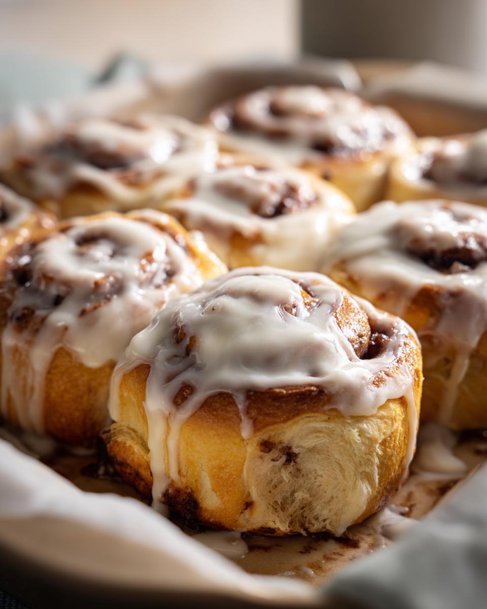 Close-up of freshly baked cinnamon rolls with a generous cream cheese glaze.