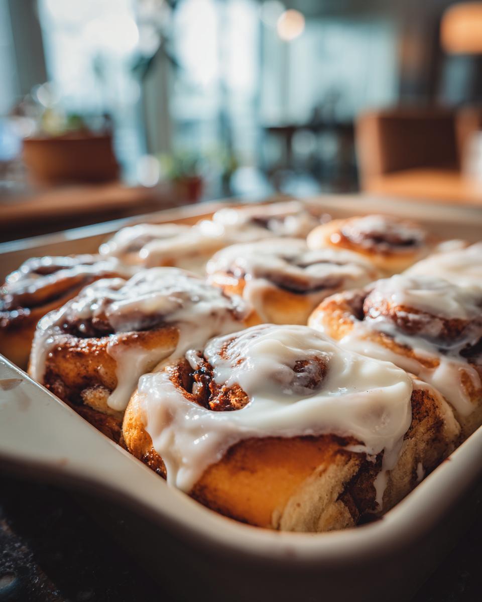 Close-up of warm, fluffy cinnamon rolls with a generous cream cheese glaze in a baking dish.