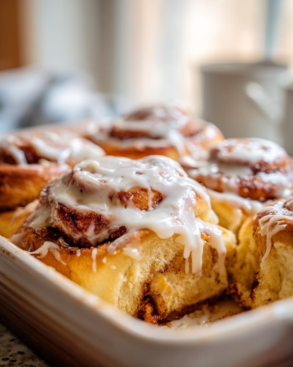 Close-up of freshly baked cinnamon rolls generously topped with a creamy cream cheese glaze.