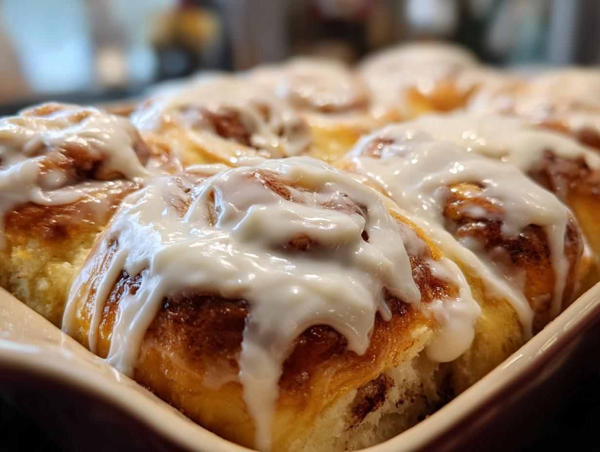 Close-up of freshly baked cinnamon rolls generously topped with a creamy cream cheese glaze.
