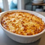 A bubbling, golden-brown classic buffalo chicken dip in a white baking dish, ready to serve.