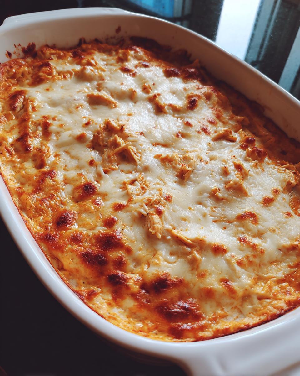 A close-up of a classic buffalo chicken dip in a white baking dish, bubbling with melted cheese and golden brown edges.