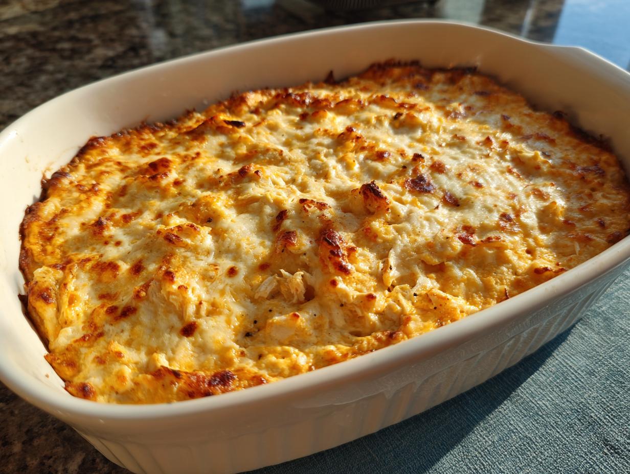 A close-up of a bubbling classic buffalo chicken dip in a white baking dish, with golden-brown melted cheese.
