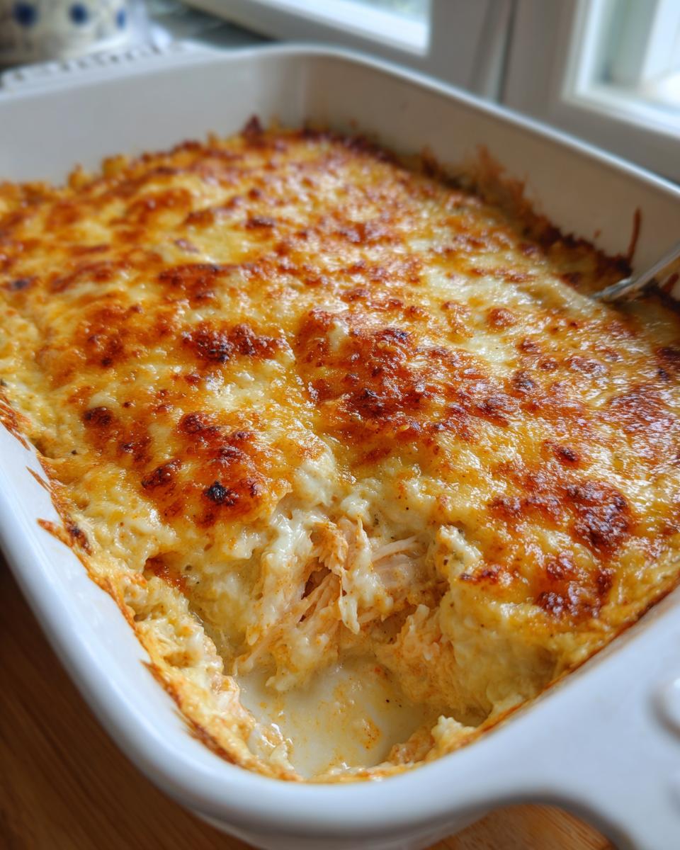 Close-up of a bubbly, golden-brown cheese topping on a classic buffalo chicken dip in a white baking dish.