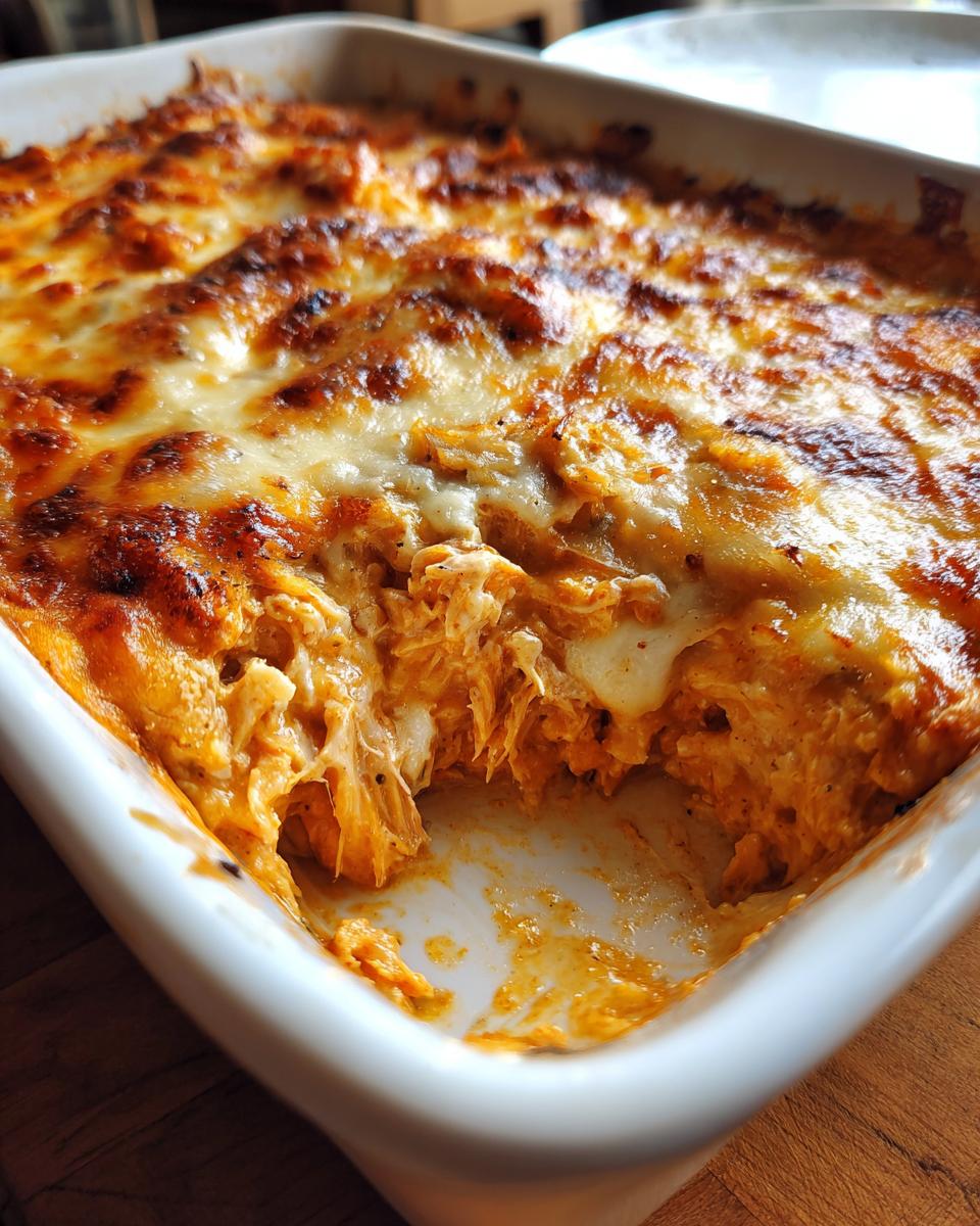 A close-up of a bubbling, cheesy classic buffalo chicken dip in a white baking dish, with a scoop removed.