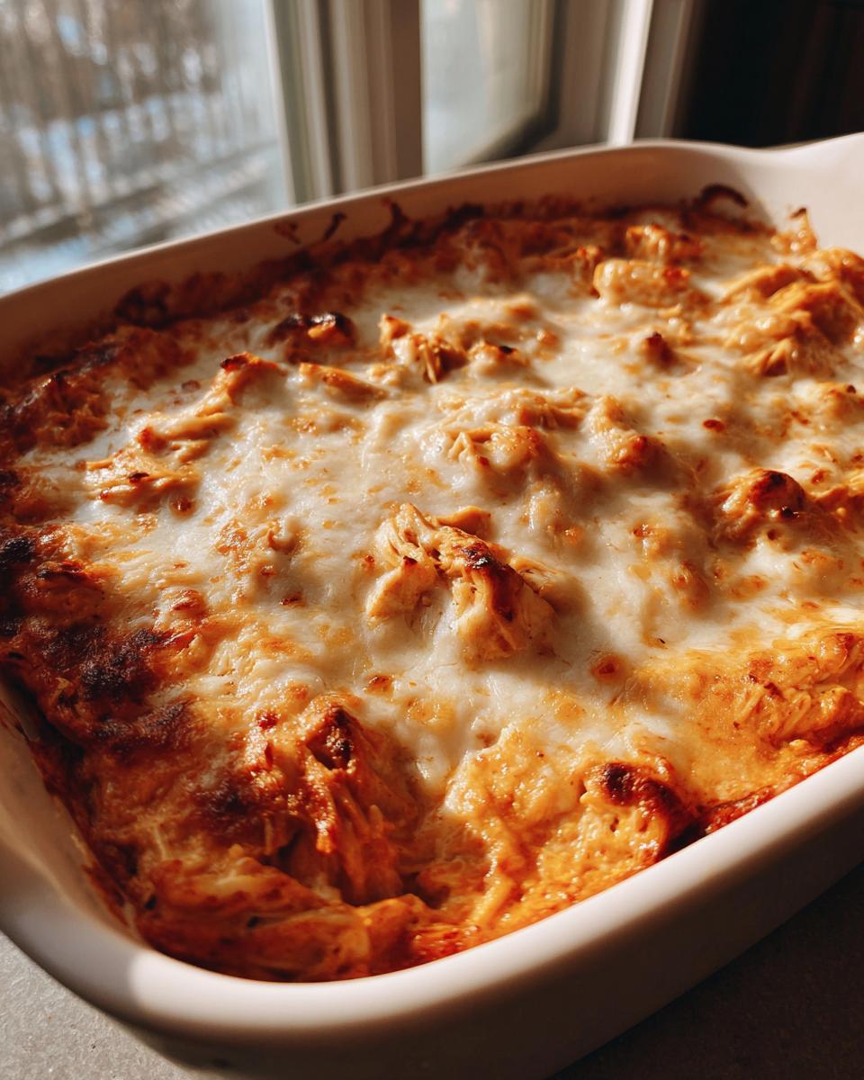 Close-up of a bubbling classic Buffalo chicken dip in a white baking dish, topped with melted cheese.