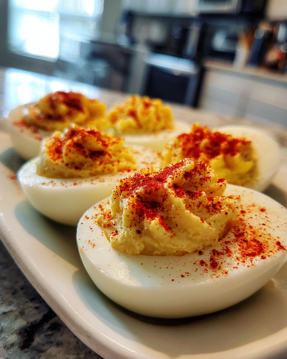 A close-up of creamy deviled eggs sprinkled with paprika, ready to be served.