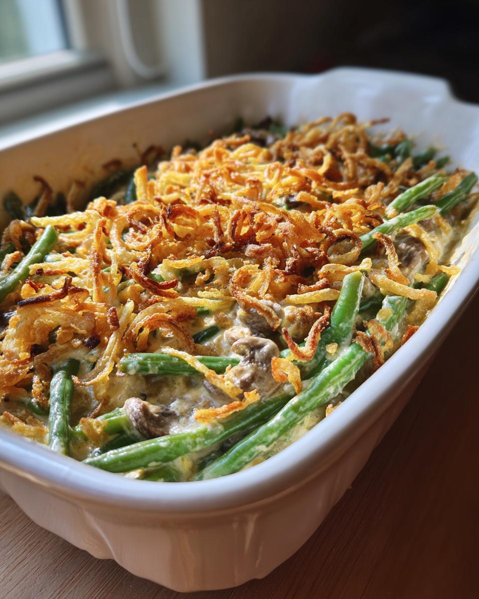 A close-up of a freshly baked copycat French's green bean casserole in a white baking dish, topped with crispy fried onions.