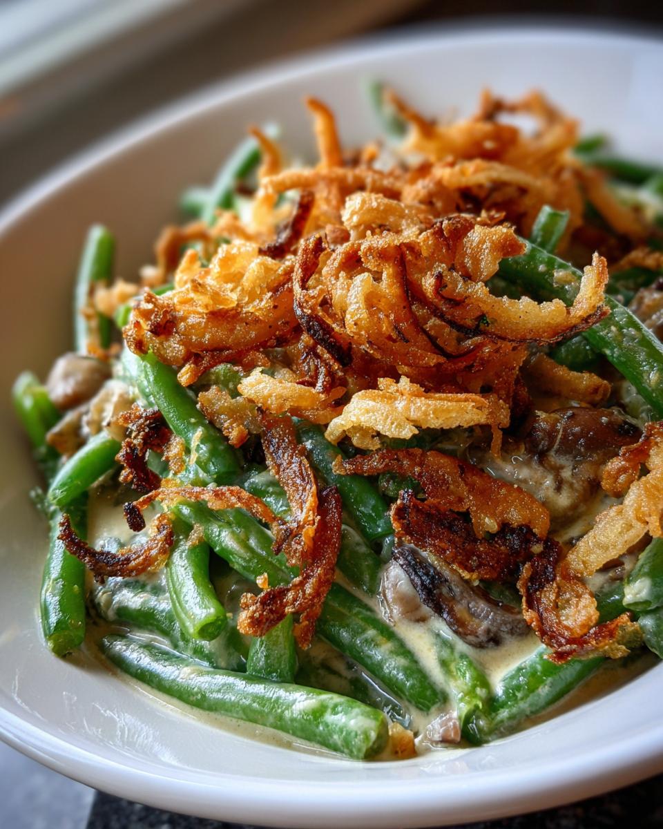 A close-up of copycat French's green bean casserole in a white bowl, topped with crispy fried onions.