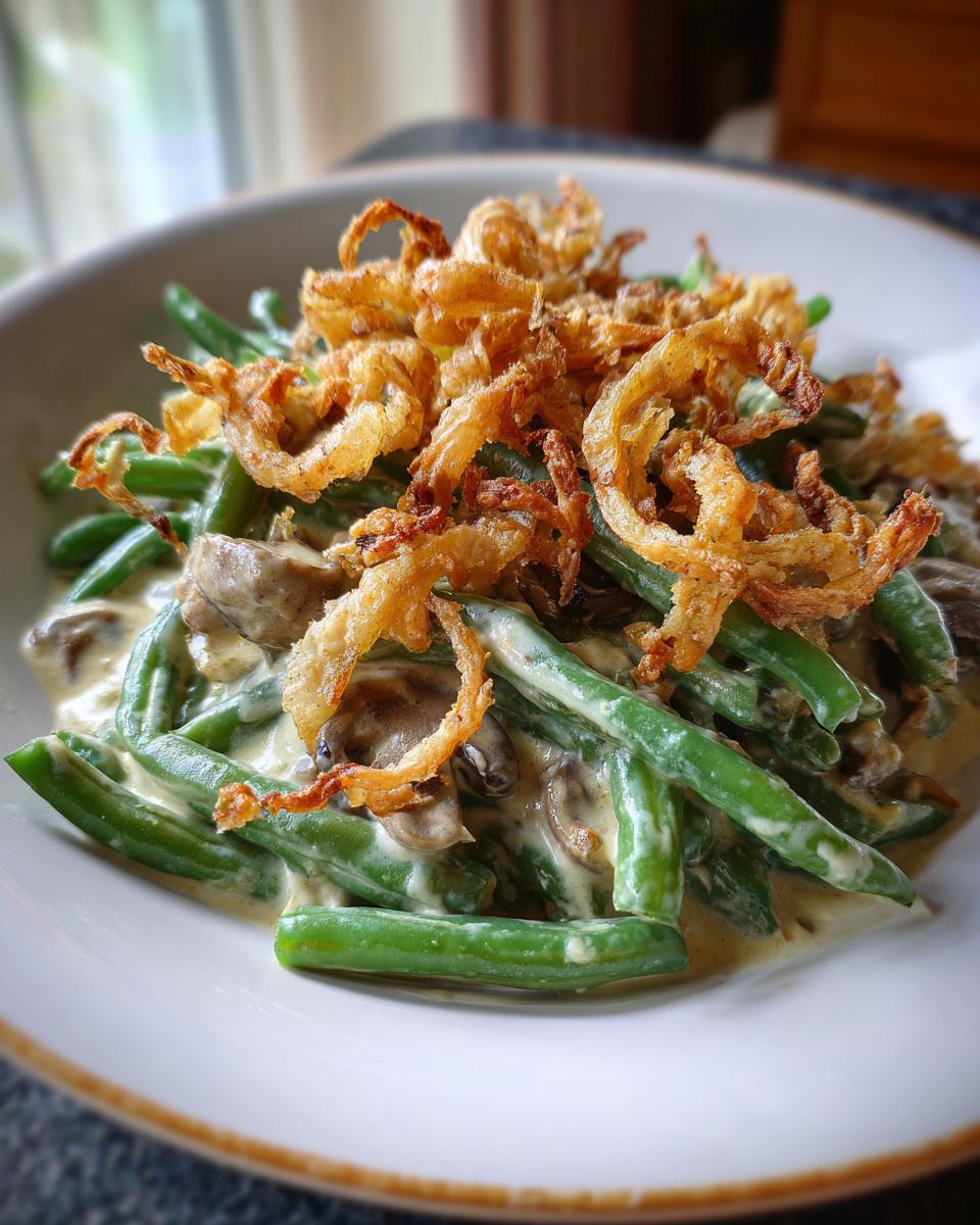 Close-up of copycat French's green bean casserole, featuring fresh green beans, mushrooms, creamy sauce, and crispy fried onions.