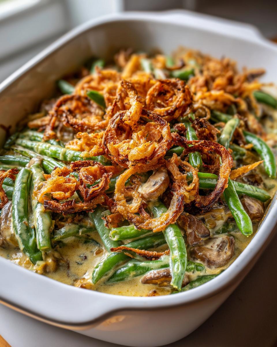 A close-up of a creamy copycat French's green bean casserole topped with crispy fried onions and mushrooms.