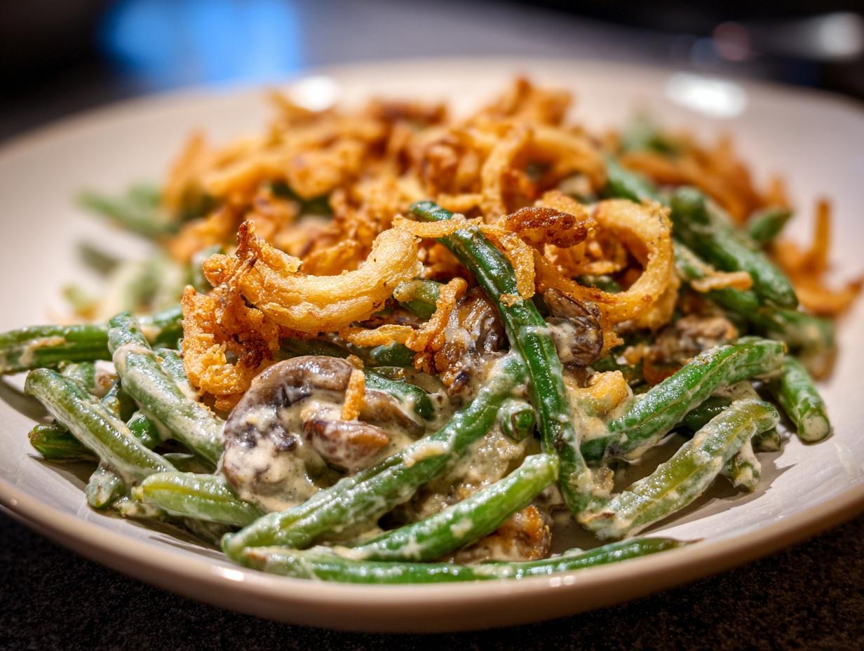 Close-up of a serving of copycat French's green bean casserole, featuring creamy sauce, green beans, mushrooms, and crispy fried onions.