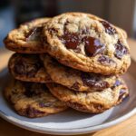 A stack of warm, gooey cottage cheese chocolate chip cookies with melty chocolate chunks.