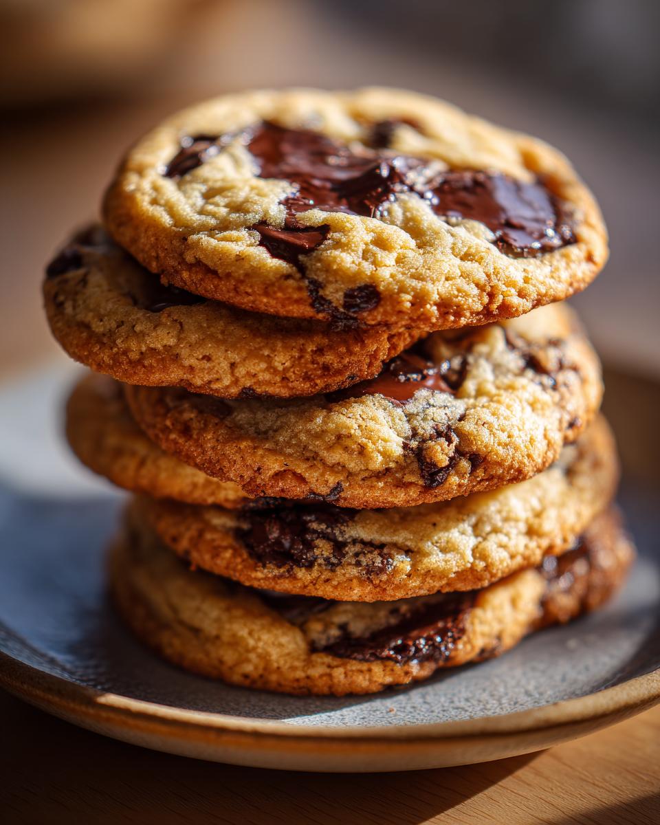A stack of delicious cottage cheese chocolate chip cookies on a plate, with melty chocolate chips visible.