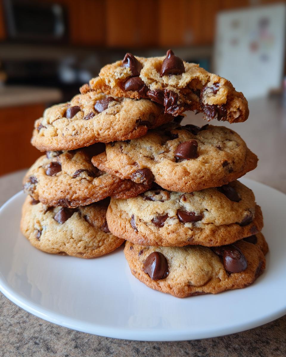 A stack of freshly baked cottage cheese chocolate chip cookies, with one cookie broken to show the gooey chocolate chips inside.