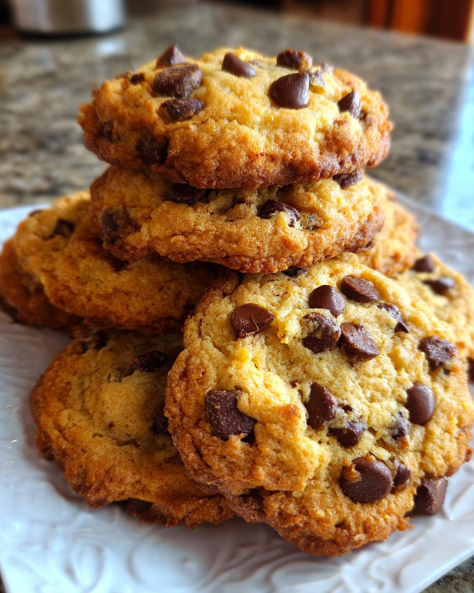 A stack of golden-brown cottage cheese chocolate chip cookies, generously studded with dark chocolate chips.