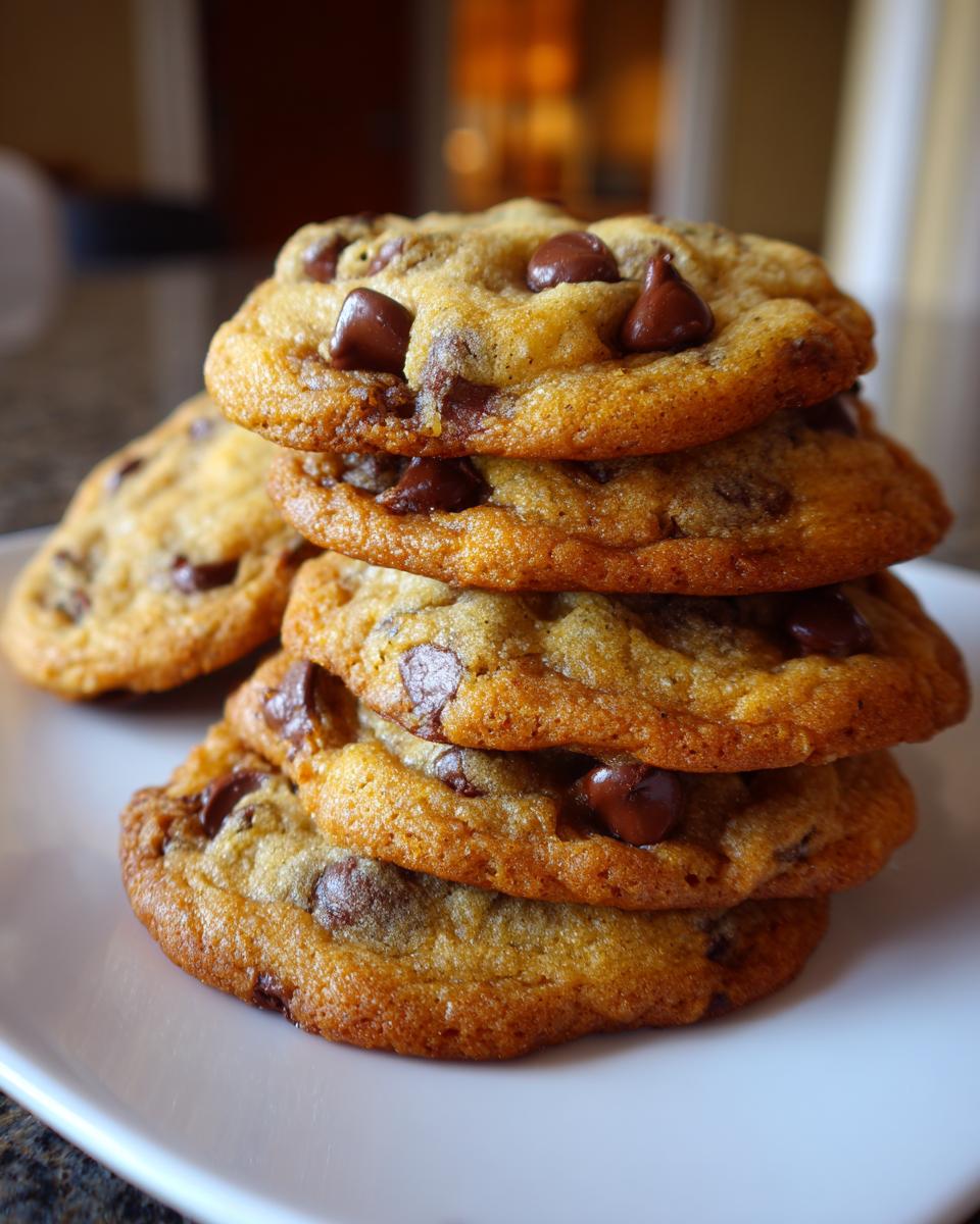 A stack of delicious cottage cheese chocolate chip cookies, showing melted chocolate chips and golden brown edges.