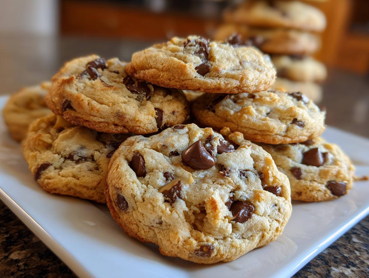 A stack of freshly baked cottage cheese chocolate chip cookies on a white plate, with melty chocolate chips visible.
