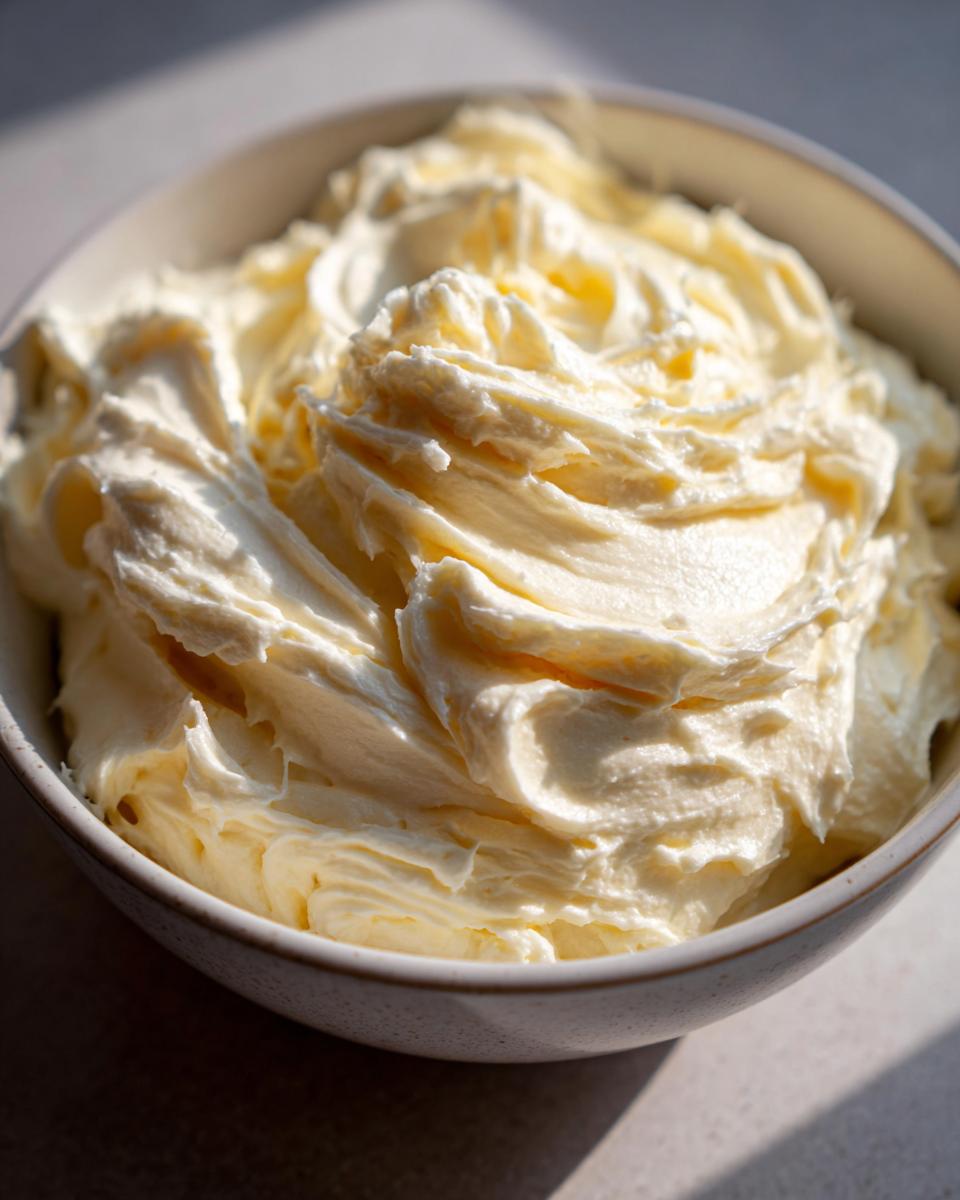 Close-up of a bowl filled with smooth, swirled cream cheese frosting, ready for baking.