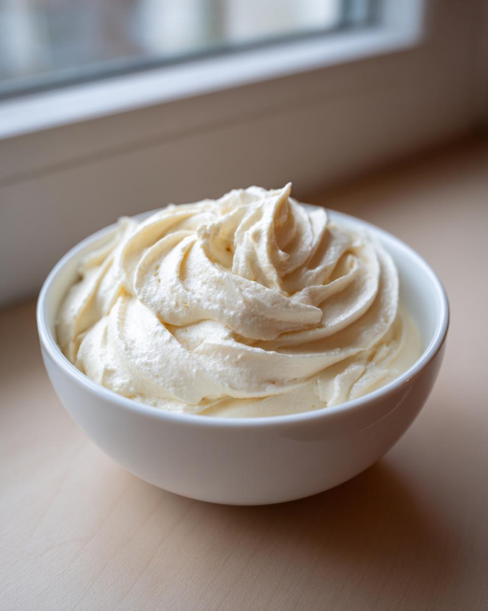 A white bowl filled with smooth, swirled cream cheese frosting, ready for decorating cakes.