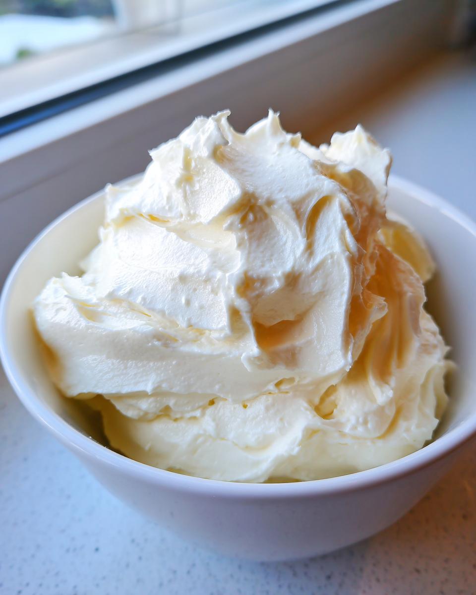 A white bowl filled with fluffy, smooth cream cheese frosting, ready to be used.