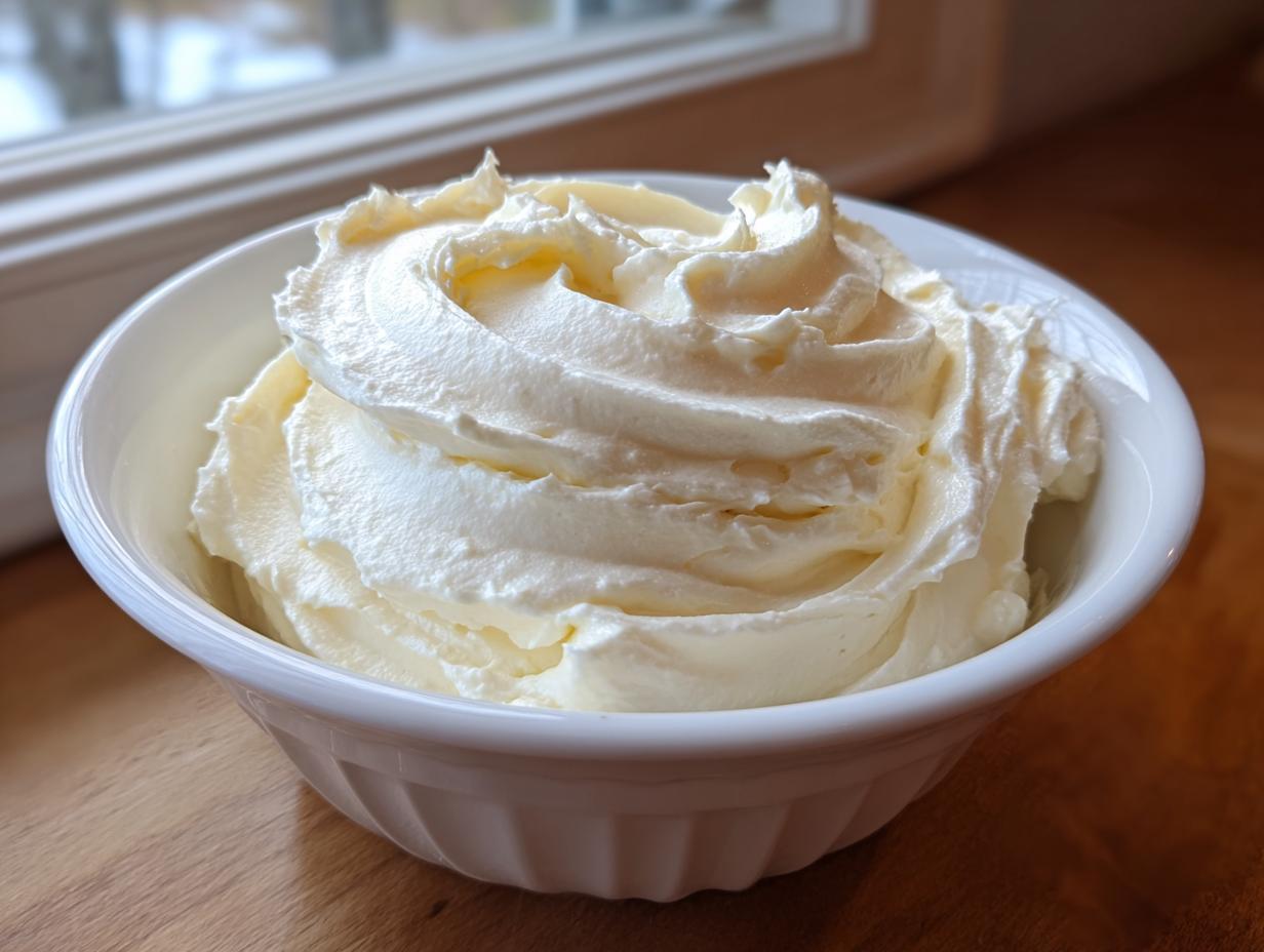 A white bowl filled with fluffy, perfectly swirled cream cheese frosting.